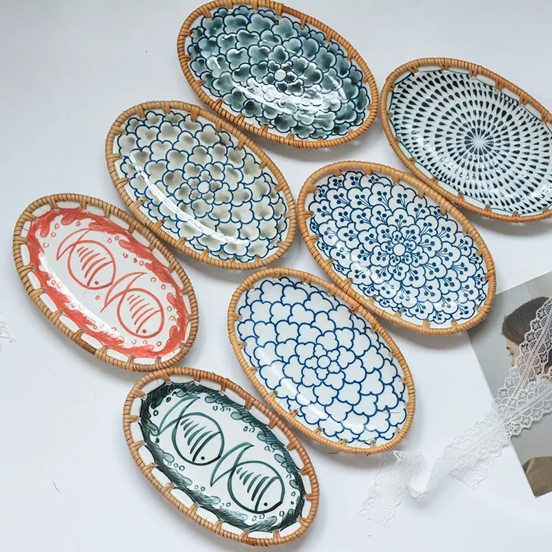 Dry Food Snacks - Japanese Rattan Woven Ceramic Fruit Tray,